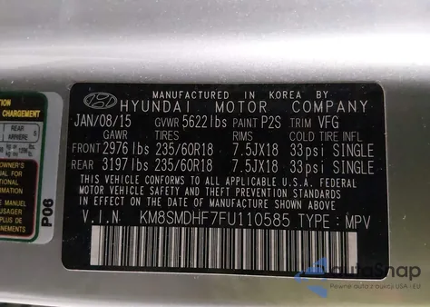 2015 Hyundai Santa Fe Gls z USA, uszkodzony, nr VIN KM8SMDHF7FU110585